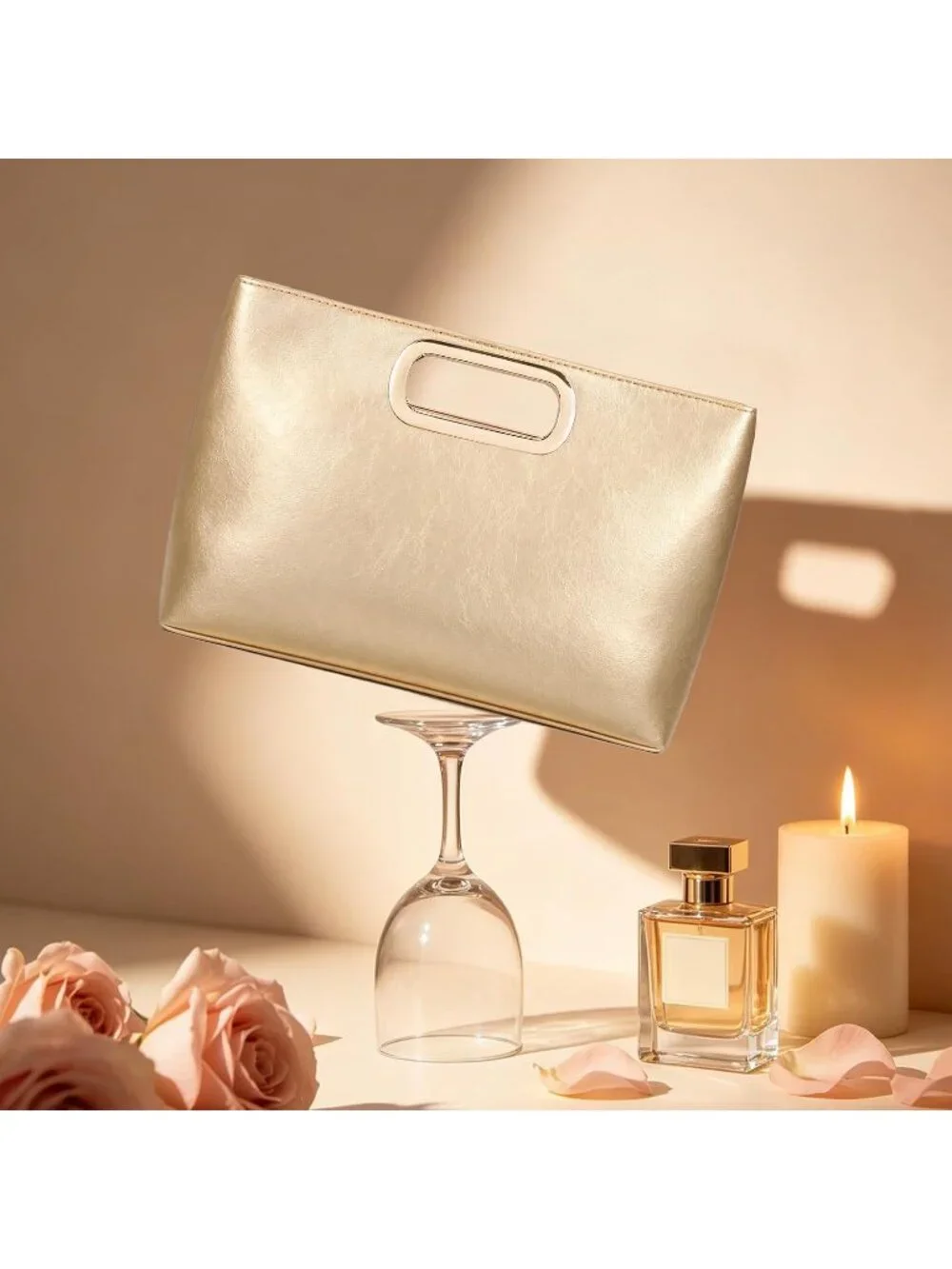 Women Gold Clutch Handbag Modern Faux Leather with Metal Handle Evening Bag